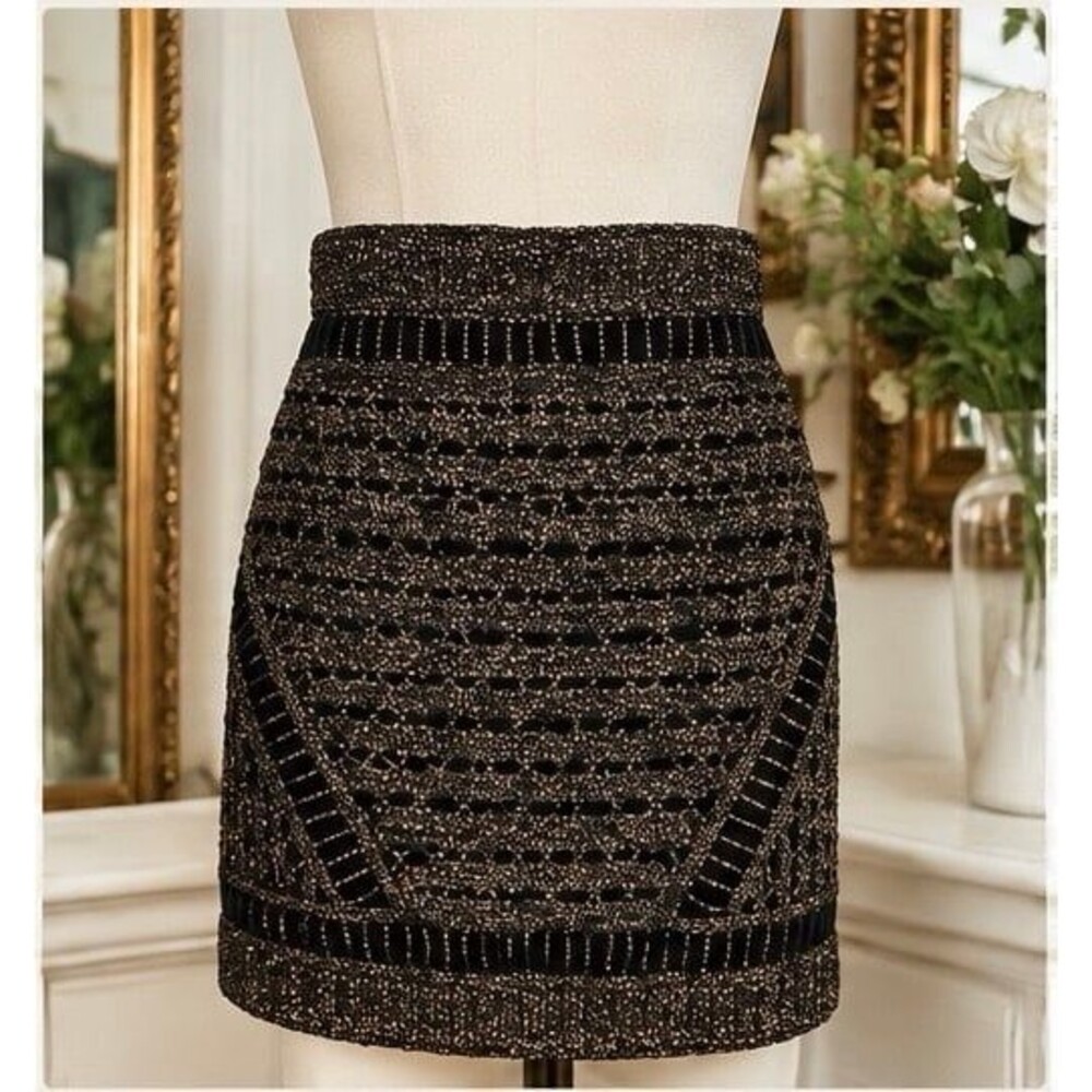 Maje Metallic Crochet Knit Mini Skirt FR 34 XS Bronze Gold Black